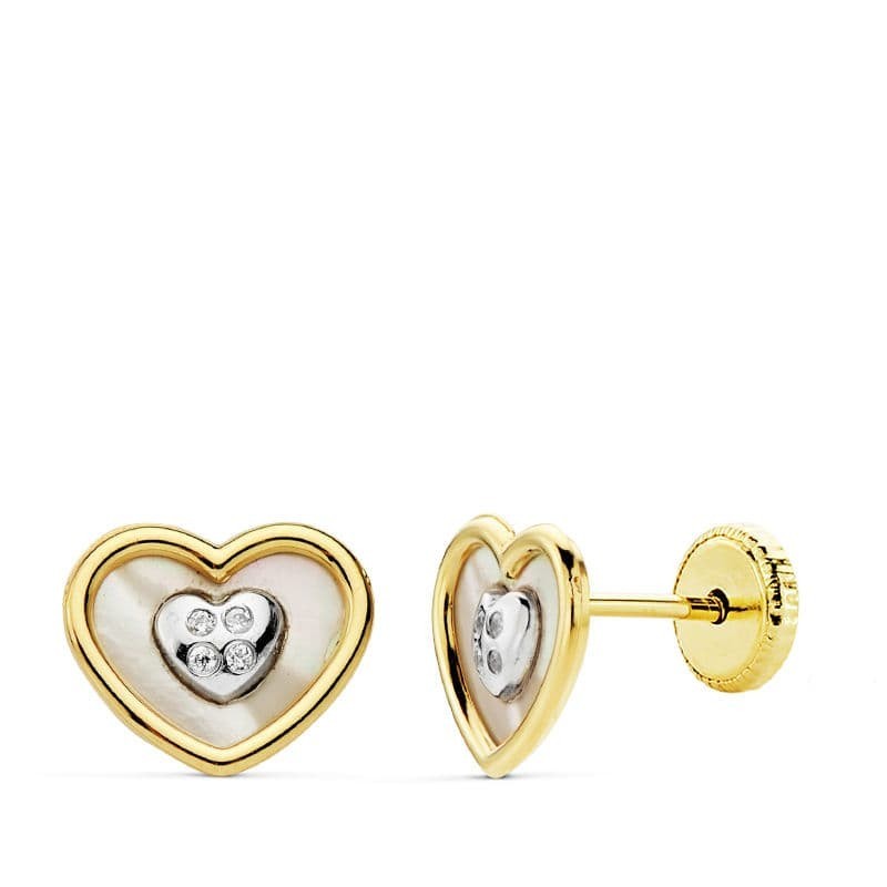 Pendientes Oro Bicolor Corazon Nacar Cierre Tuerca oro 18k