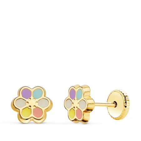Pendientes Oro Amarillo Flor Esmalte 7 X 7 Mm Cierre Tuerca oro 18k