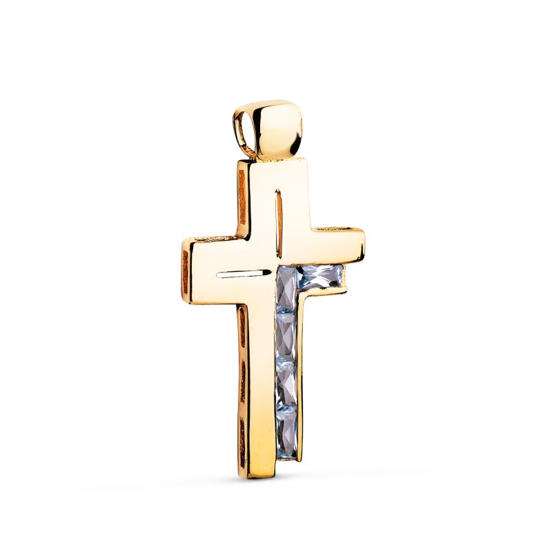 Cruz Oro Amarillo Piedras Baguette Circonitas Color Aguamarina. 31 X 15 Mm oro 18k