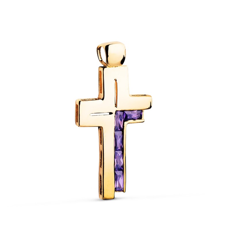 Cruz Oro Amarillo Piedras Baguette Circonitas Color Amatista. 31 X 15 Mm oro 18k