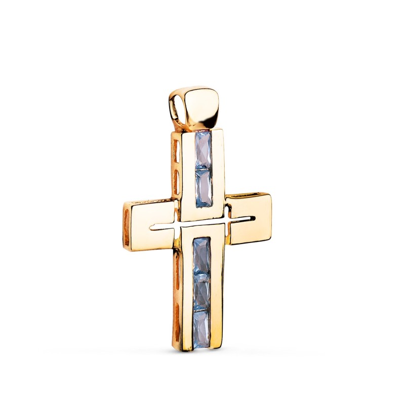Cruz Oro Amarillo Piedras Baguette Circonitas Color Aguamarina. 29 X 18 Mm oro 18k
