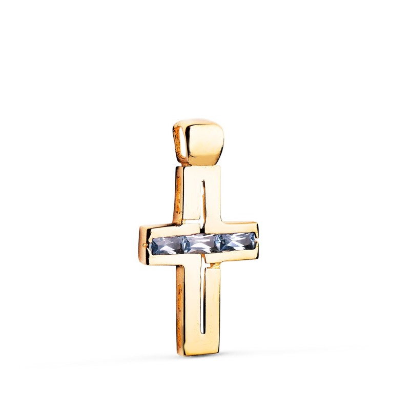 Cruz Oro Amarillo Piedras Baguette Circonitas Color Aguamarina. 25 X 13 Mm oro 18k