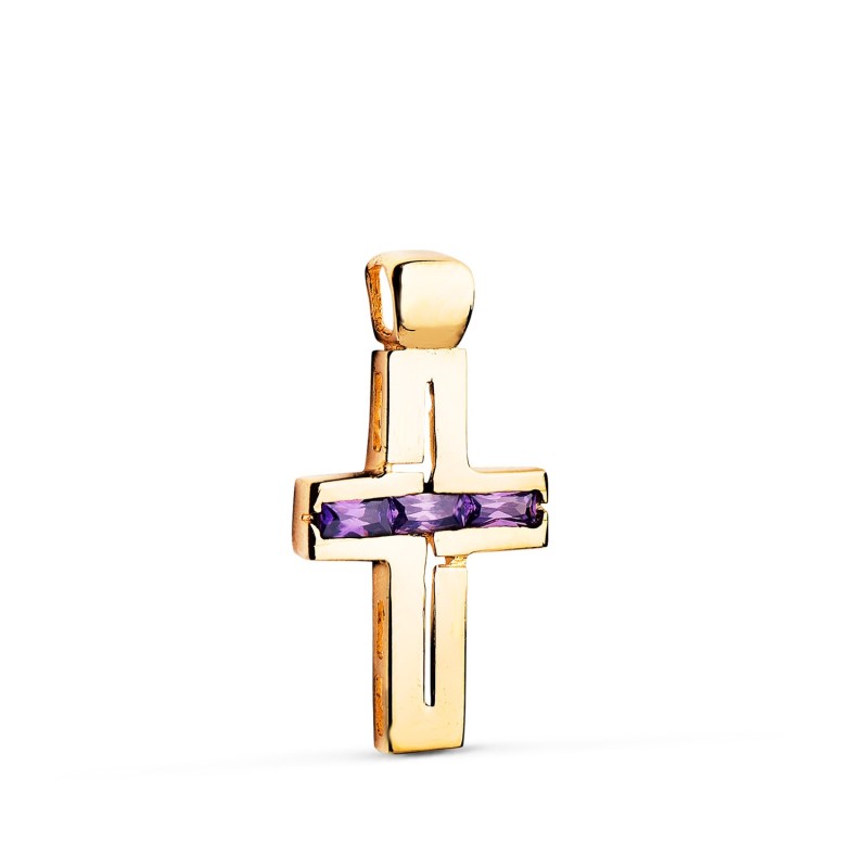 Cruz Oro Amarillo Piedras Baguette Circonitas Color Amatista. 25 X 13 Mm oro 18k