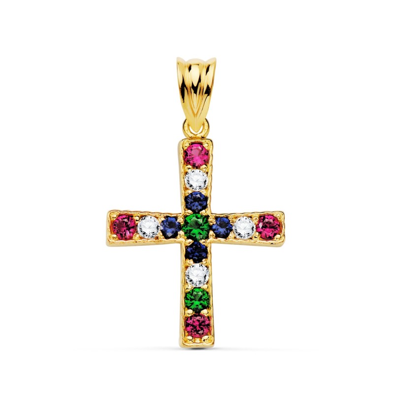 Cruz Oro Amarillo Con Circonita Colores Redondas. 22 X 19 Mm oro 18k