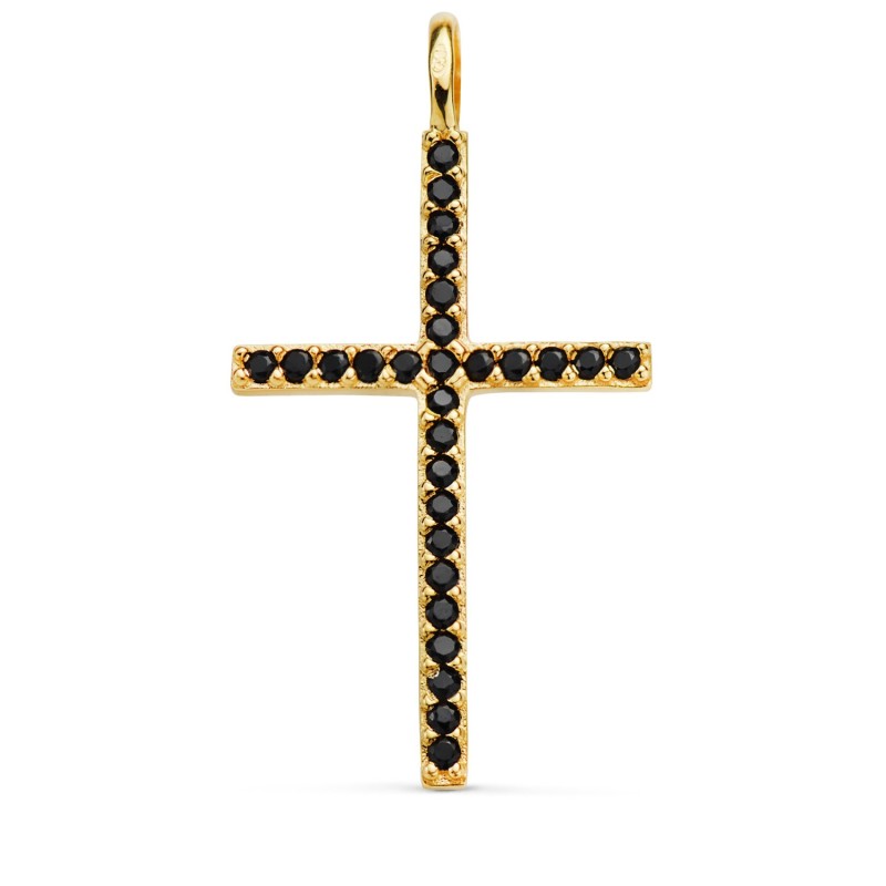 Cruz Oro Amarillo Con Circonita Negras 37 X 19 Mm. Anilla Fija oro 18k