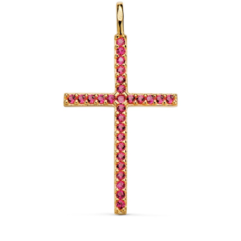 Cruz Oro Amarillo Con Circonita Rojas 37 X 19 Mm. Anilla Fija oro 18k