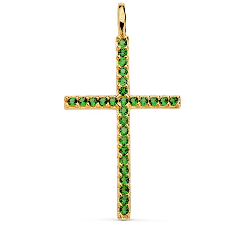 Cruz Oro Amarillo Con Circonita Verdes 37 X 19 Mm. Anilla Fija oro 18k