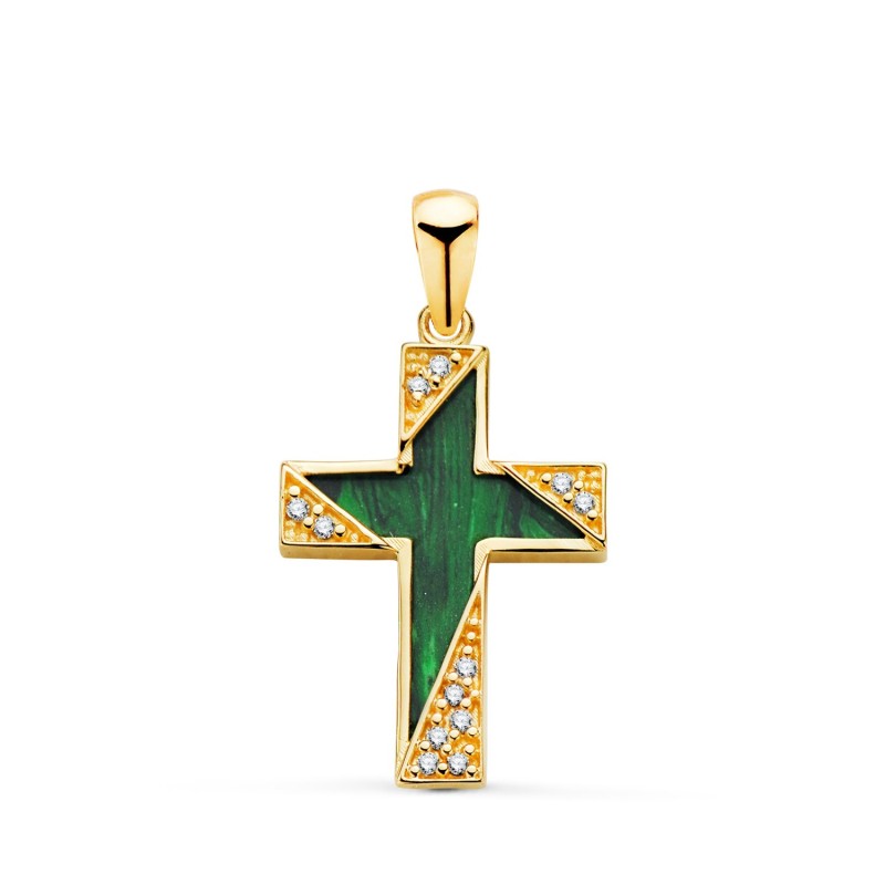 Cruz Oro Amarillo Malaquita Detalles Con Circonitas. Medida: 19 X 12,5 Mm oro 18k