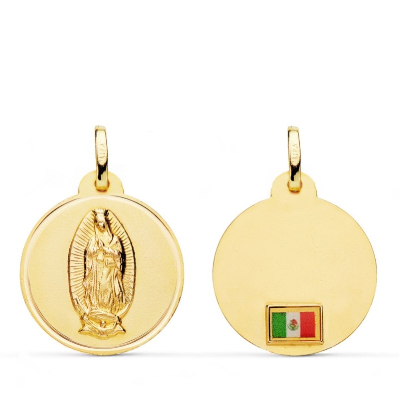 Medalla Oro Amarillo Virgen De Guadalupe Con Bandera En Bisel 20 Mm oro 18k