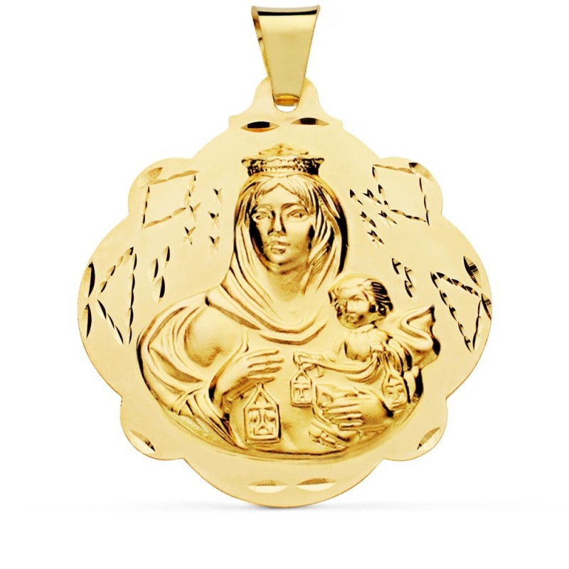 Medalla Oro Amarillo Virgen Del Carmen Pandereta 42 Mm oro 18k