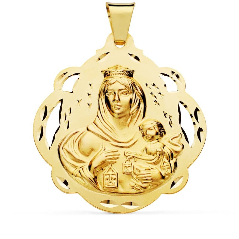 Medalla Oro Amarillo Virgen Del Carmen Pandereta Calada 42 Mm oro 18k