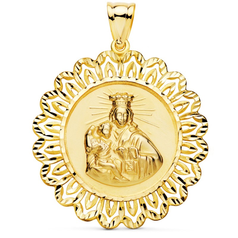 Medalla Oro Amarillo Virgen Del Carmen Cerco Filigrana Tallado 37X37 Mm oro 18k