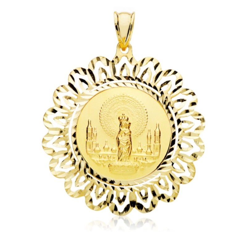 Medalla Oro Amarillo Virgen Del Pilar Redonda 22 Mm Con Cerco Tallado 40X40 Mm oro 18k