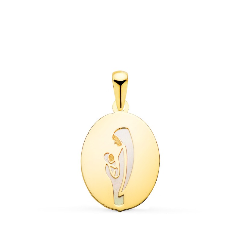 Medalla Oro Amarillo Virgen Madre Oval Con Nacar Blanco En Brillo. Medida: 15X12 Mm oro 18k