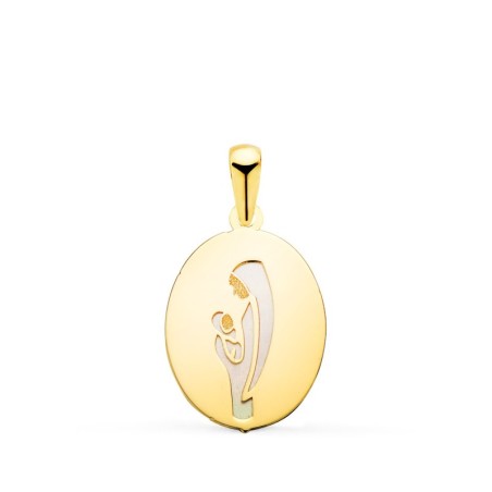 Medalla Oro Amarillo Virgen Madre Oval Con Nacar Blanco En Brillo. Medida: 15X12 Mm oro 18k