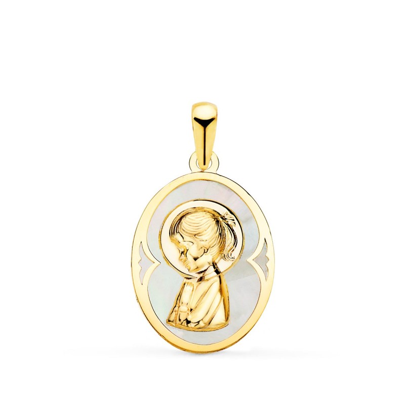 Medalla Oro Amarillo Oval Con Nacar Blanco Y Virgen Niña 19X14 Mm oro 18k