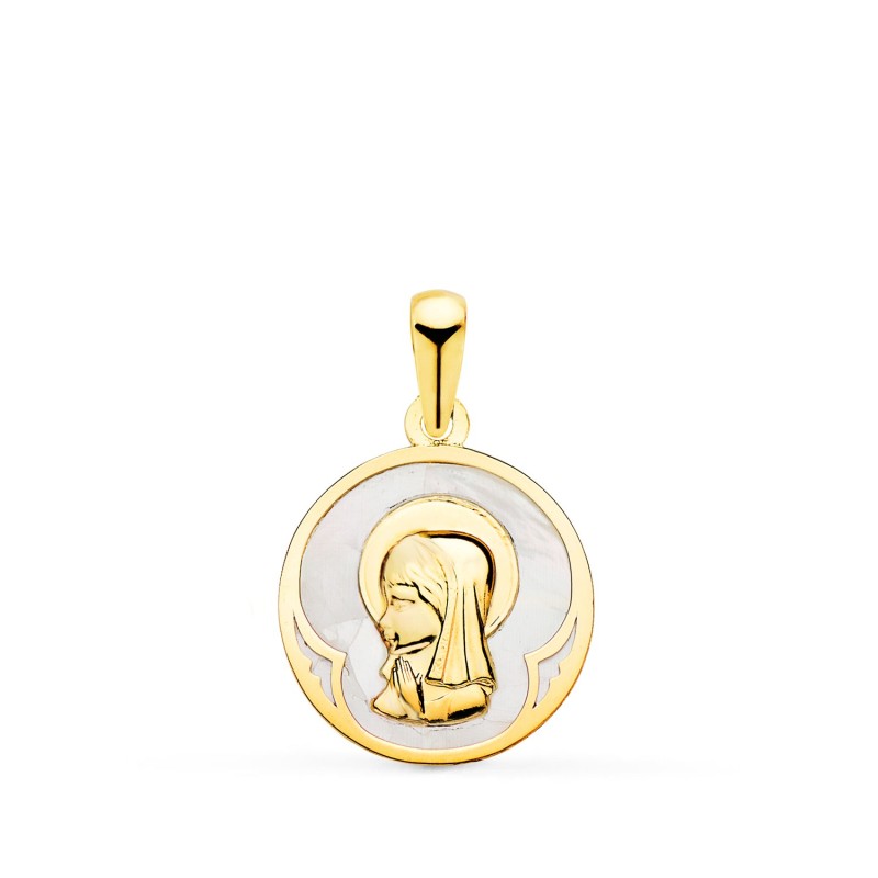 Medalla Oro Amarillo Redonda Con Nacar Blanco Y Virgen Niña. 15 Mm oro 18k