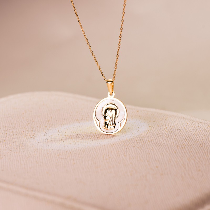 Medalla Oro Amarillo Redonda Con Nacar Blanco Y Virgen Niña. 15 Mm oro 18k