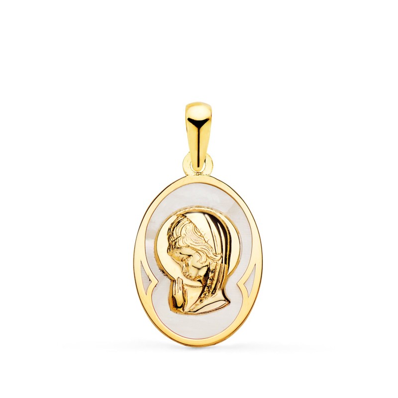Medalla Oro Amarillo Oval Con Nacar Blanco Y Virgen Niña 17 X 12 Mm oro 18k
