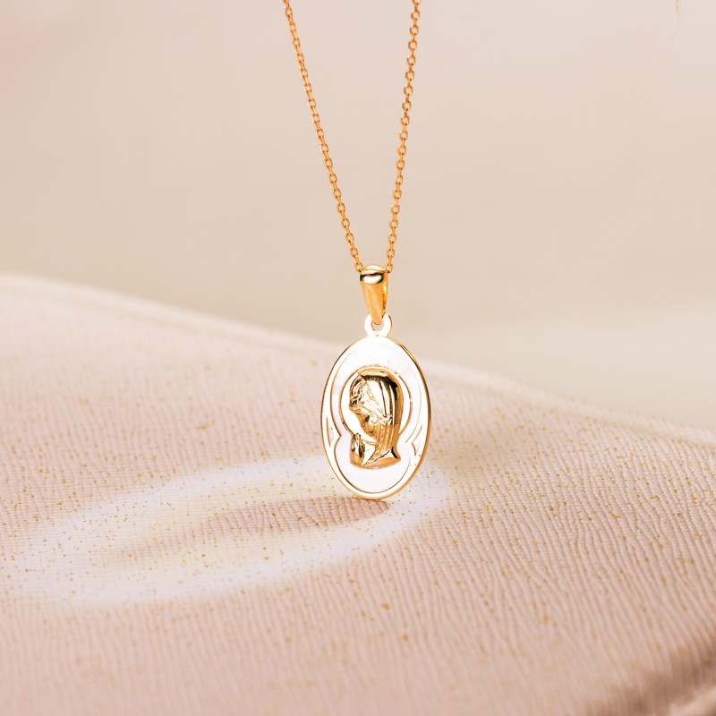 Medalla Oro Amarillo Oval Con Nacar Blanco Y Virgen Niña 17 X 12 Mm oro 18k