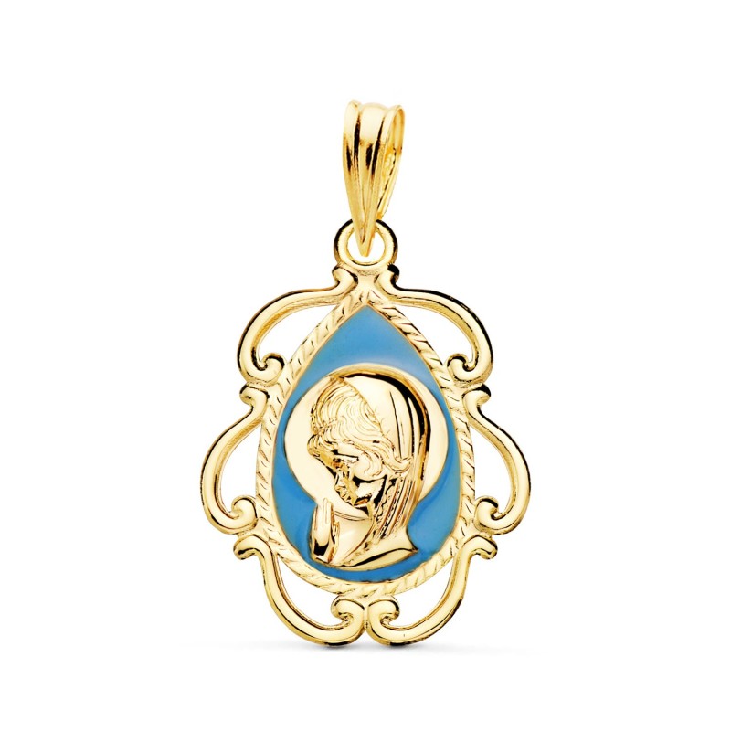 Medalla Oro Amarillo Virgen Niña Esmalte Azul Y Cerco Calado En Brillo 22X16 Mm oro 18k