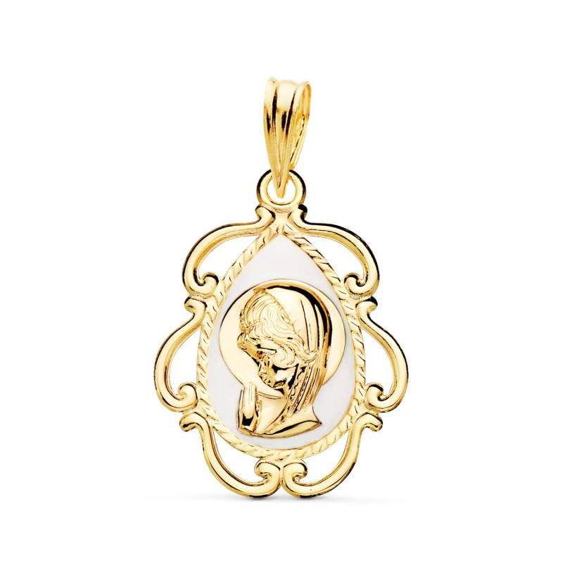 Medalla Oro Amarillo Virgen Niña Esmale Blanco Y Cerco Calado En Brillo 22X16 Mm oro 18k