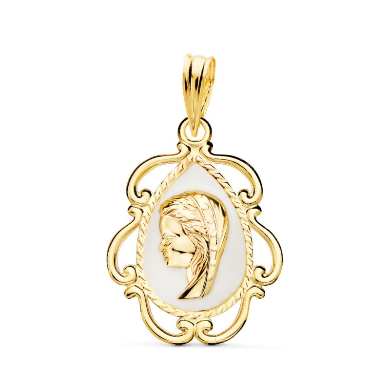 Medalla Oro Amarillo Virgen Niña Esmalte Blanco Y Cerco Calado En Brillo 22X16 Mm oro 18k