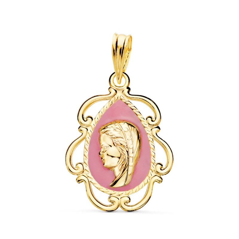 Medalla Oro Amarillo Virgen Niña Esmalte Rosa Y Cerco Calado En Brillo 22X16 Mm oro 18k