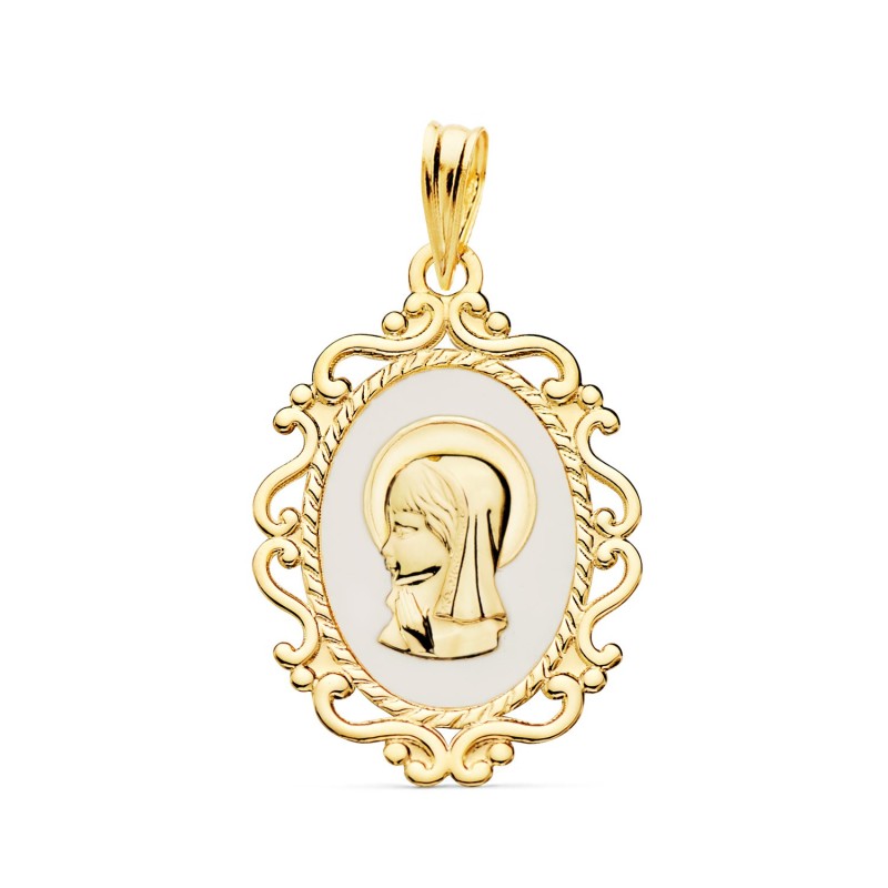 Medalla Oro Amarillo Virgen Niña Perfil Esmalte Blanco Y Cerco Calado Brillo 23X16 Mm oro 18k