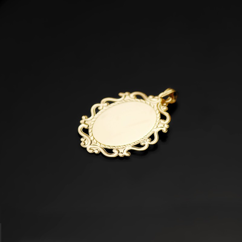 Medalla Oro Amarillo Virgen Niña Perfil Esmalte Blanco Y Cerco Calado Brillo 23X16 Mm oro 18k