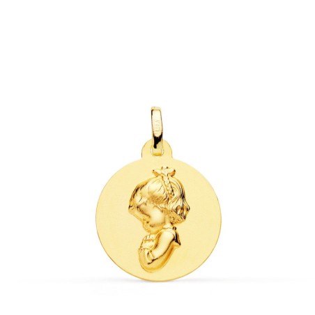 Medalla Oro Amarillo Virgen Niña Rezando Lisa 18 Mm oro 18k
