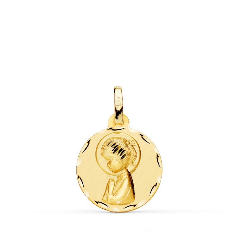Medalla Oro Amarillo Virgen Niña Perfil Matizada Y Tallada 16 Mm oro 18k