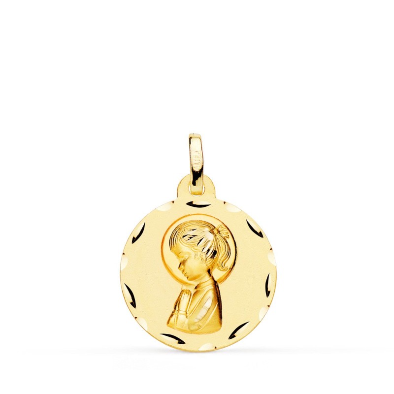 Medalla Oro Amarillo Virgen Niña Perfil Matizada Y Tallada 18 Mm oro 18k
