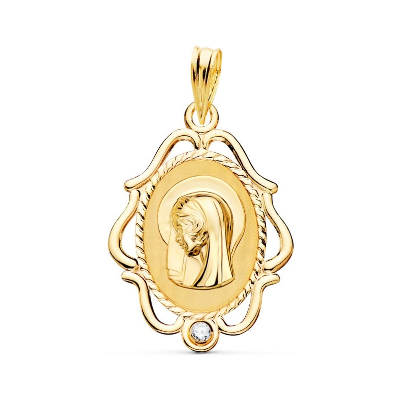 Medalla Oro Amarillo Virgen Niña Cerco Calado Brillo Con Circonita 24X17 Mm oro 18k