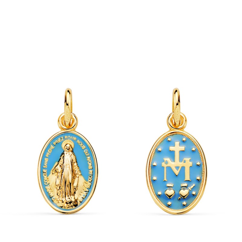 Medalla Oro Amarillo Virgen Milagrosa Oval Esmalte Azul. Medida: 16 X 10 Mm oro 18k