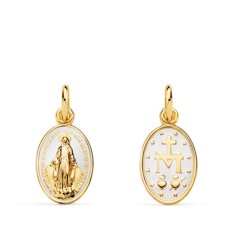 Medalla Oro Amarillo Virgen Milagrosa Oval Esmalte Blanco. Medida: 16 X 10 Mm oro 18k