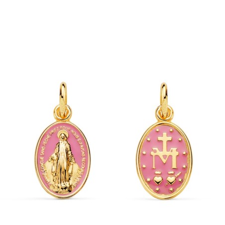 Medalla Oro Amarillo Virgen Milagrosa Oval Esmalte Rosa. Medida: 16 X 10 Mm oro 18k