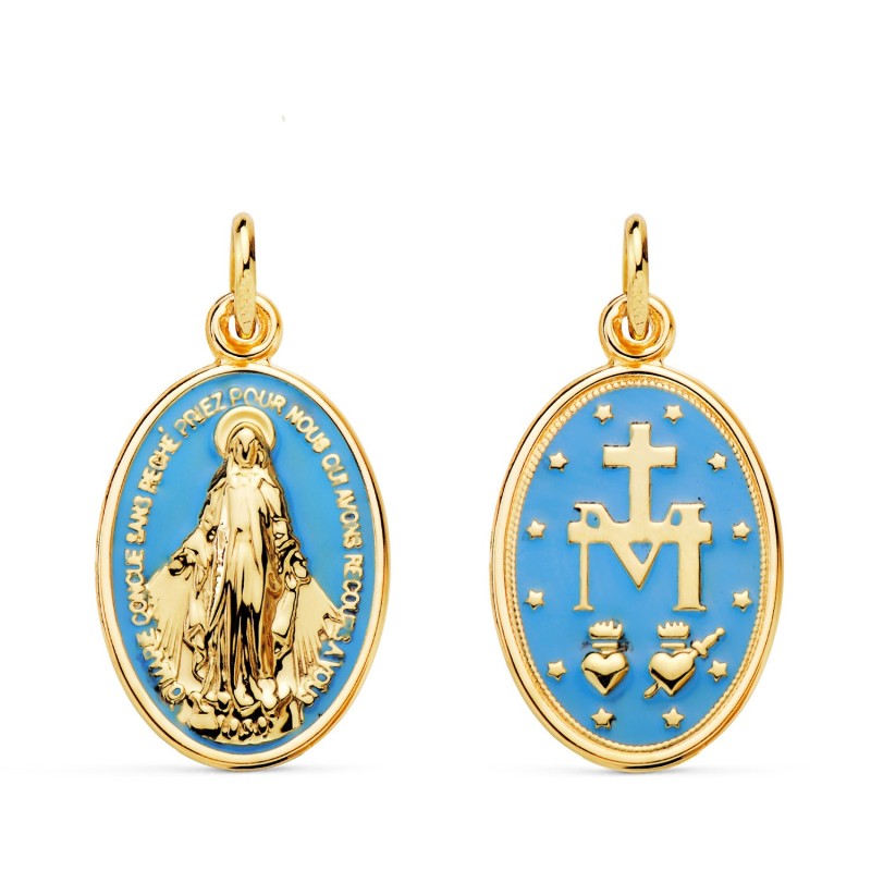 Medalla Oro Amarillo Virgen Milagrosa Oval Esmalte Azul Cielo. Medida: 20 X 14 Mm oro 18k