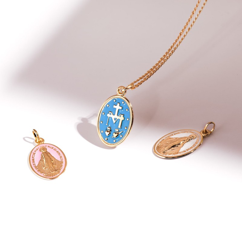 Medalla Oro Amarillo Virgen Milagrosa Oval Esmalte Azul Cielo. Medida: 20 X 14 Mm oro 18k