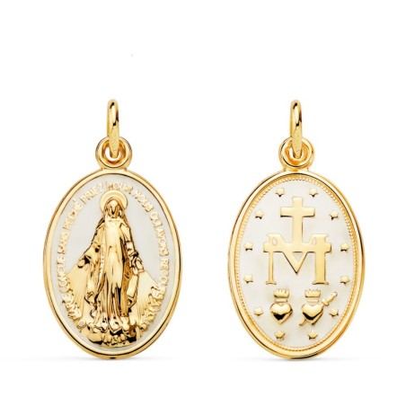 Medalla Oro Amarillo Virgen Milagrosa Oval Esmalte Blanco. Medida: 20 X 14 Mm oro 18k