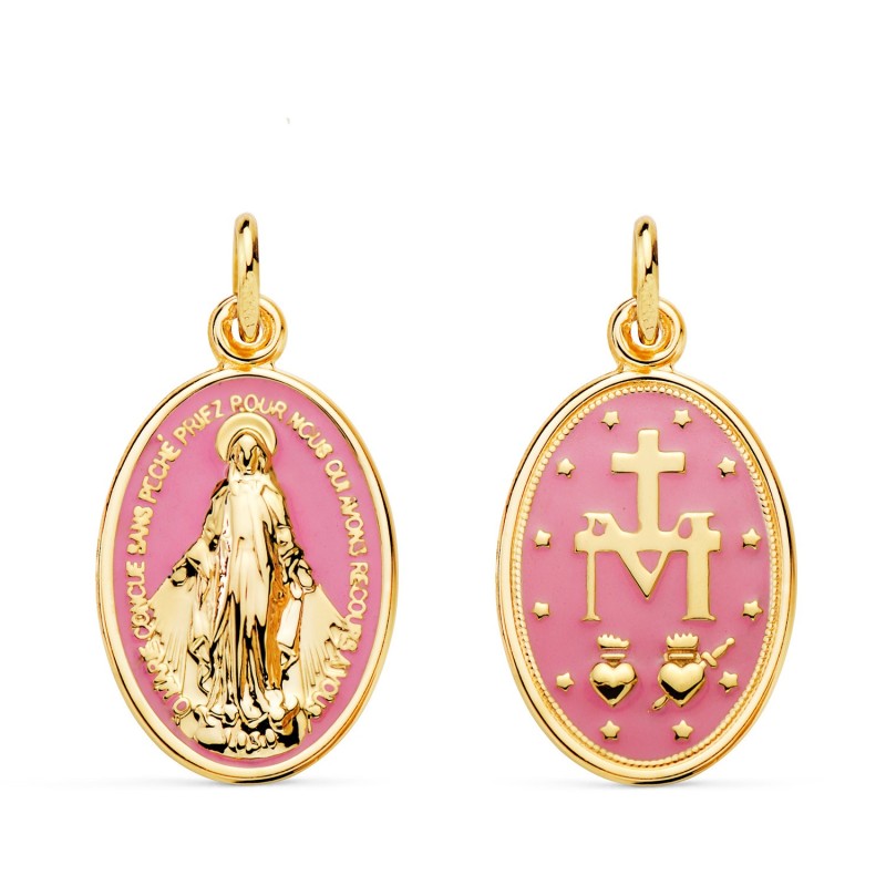 Medalla Oro Amarillo Virgen Milagrosa Oval Esmalte Rosa. Medida: 20 X 14 Mm oro 18k