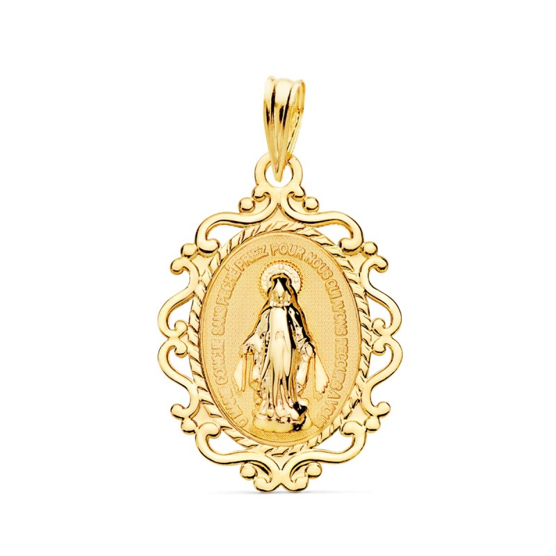 Medalla Oro Amarillo Virgen Milagrosa Cerco Filigrana En Brillo Frances 23 X 16 Mm oro 18k