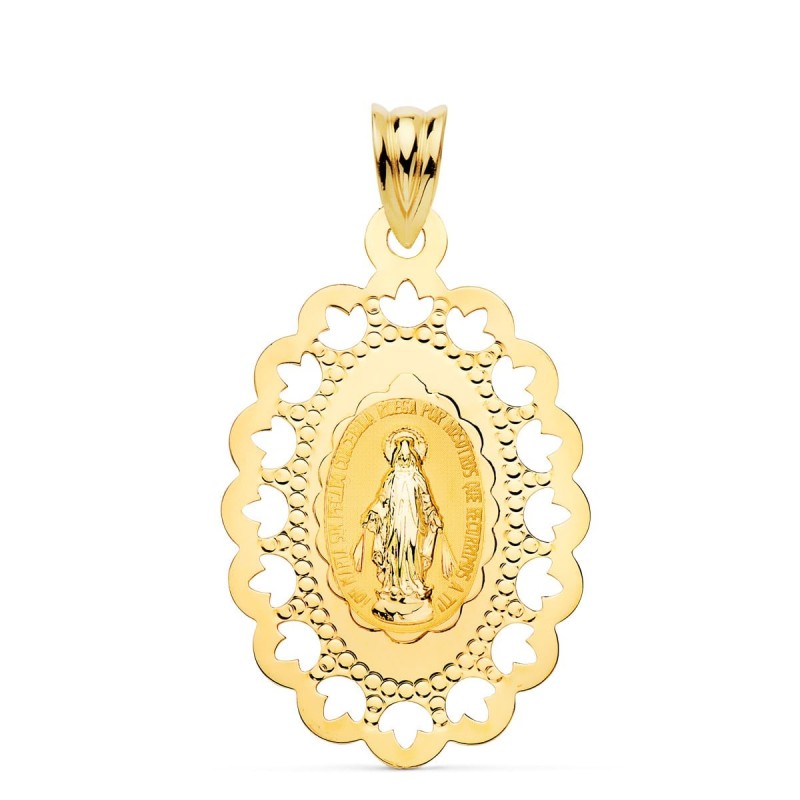 Medalla Oro Amarillo Virgen Milagrosa Cerco Calado 34 X 22 Mm oro 18k