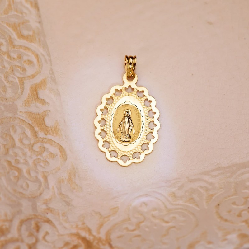 Medalla Oro Amarillo Virgen Milagrosa Cerco Calado 34 X 22 Mm oro 18k