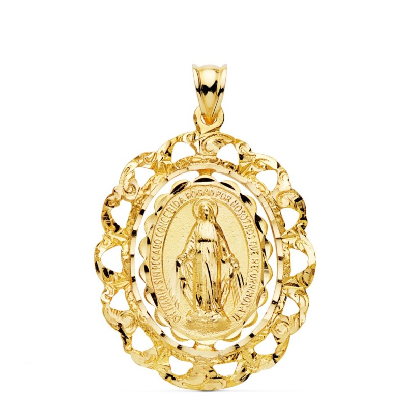 Medalla Oro Amarillo Virgen Milagrosa Cerco Filigrana Tallado 30X25 Mm oro 18k