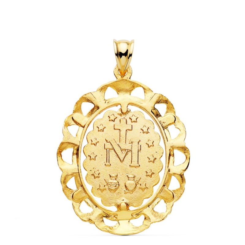 Medalla Oro Amarillo Virgen Milagrosa Cerco Filigrana Tallado 30X25 Mm oro 18k
