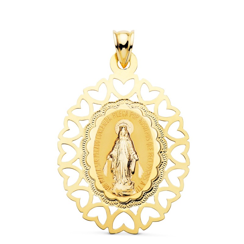 Medalla Oro Amarillo Virgen Milagrosa Oval Cerco Corazones. 40 X 33 Mm oro 18k