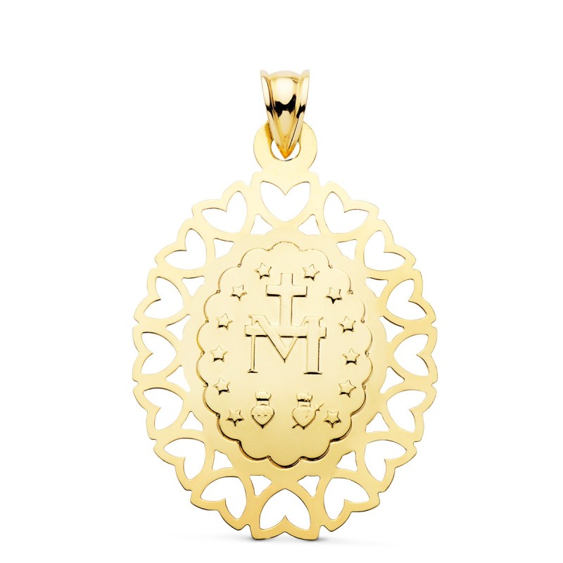 Medalla Oro Amarillo Virgen Milagrosa Oval Cerco Corazones. 40 X 33 Mm oro 18k