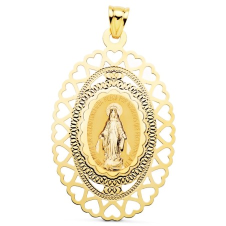 Medalla Oro Amarillo Virgen Milagrosa Oval Cerco Corazones. 50 X 35 Mm oro 18k