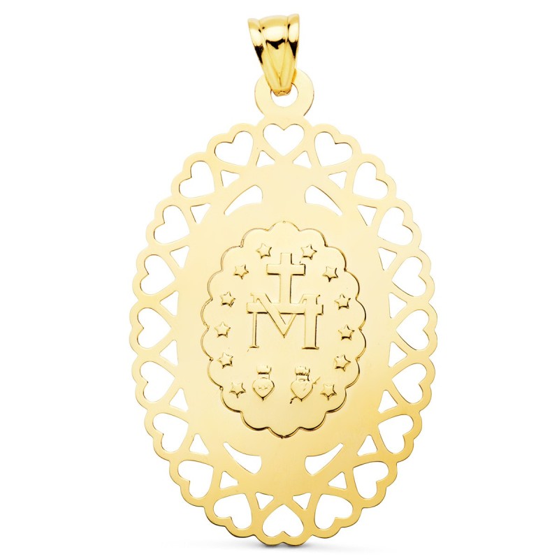 Medalla Oro Amarillo Virgen Milagrosa Oval Cerco Corazones. 50 X 35 Mm oro 18k